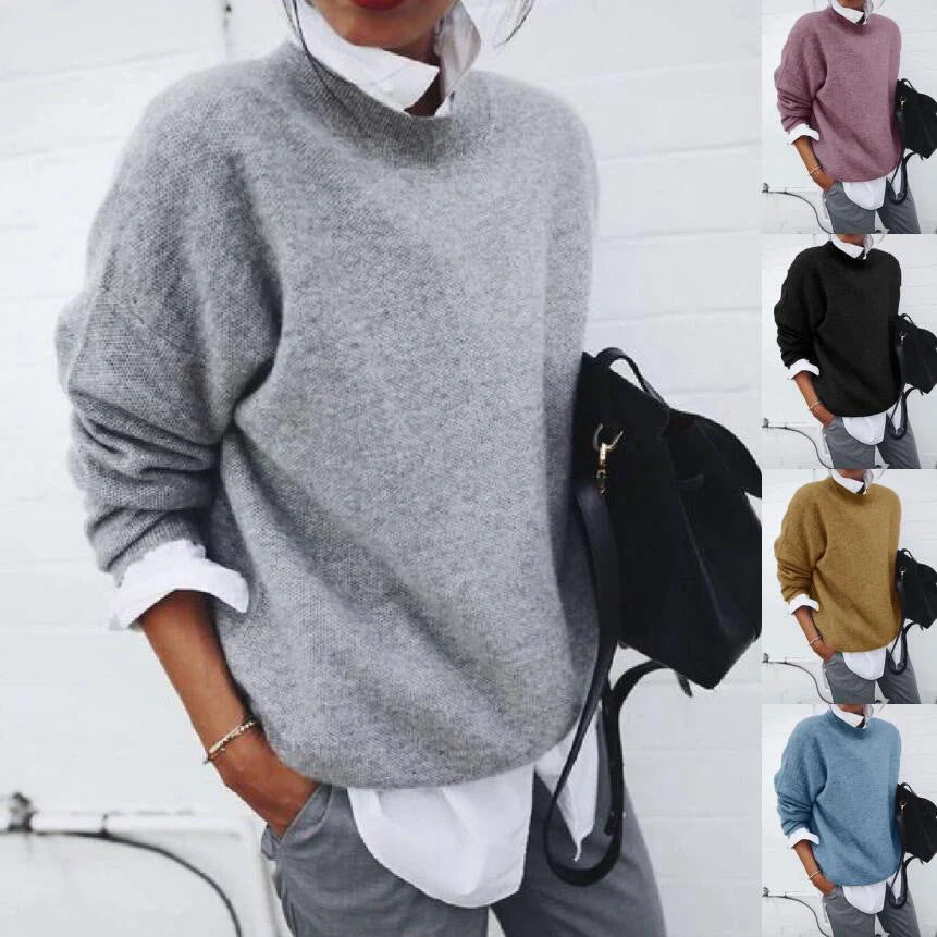 A long sleeve knitted jumper in various solid colours, including light gray, black, khaki, blue, and pink
