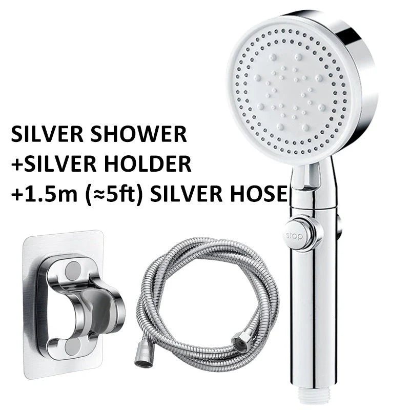 Premium high-pressure shower head with 5-speed supercharged spray patterns, large water output, and modern minimalist design
