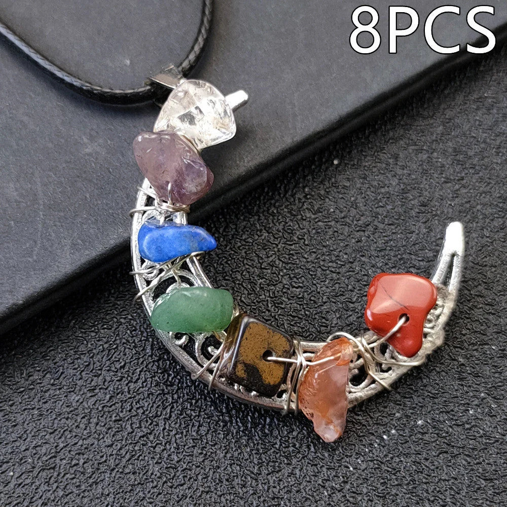 Seven Chakras Crystal Moon Pentagram Necklace in bohemian style