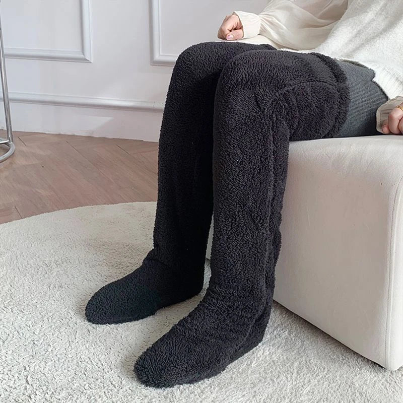 Cozy over-the-knee fuzzy socks in various colors, including brown, blue, dark gray, and pink purple