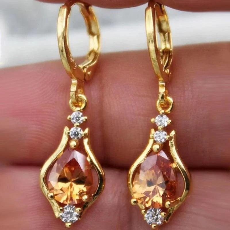 Purple Zircon Drop-shaped Earrings with geometric design and inlaid stones