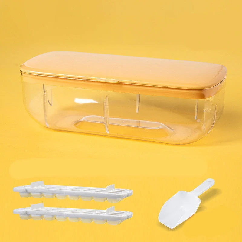 Quick demould ice cube tray set with storage box in yellow, blue, and pink