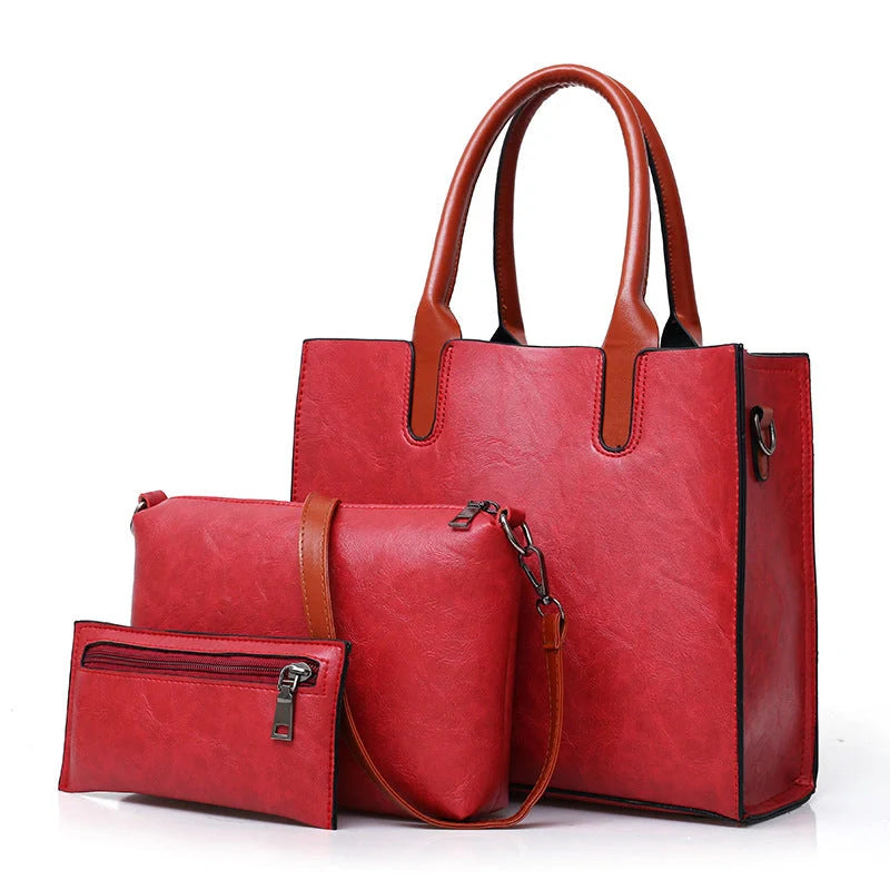 Retro three-piece women's bag set in PU leather, available in red, black, and brown