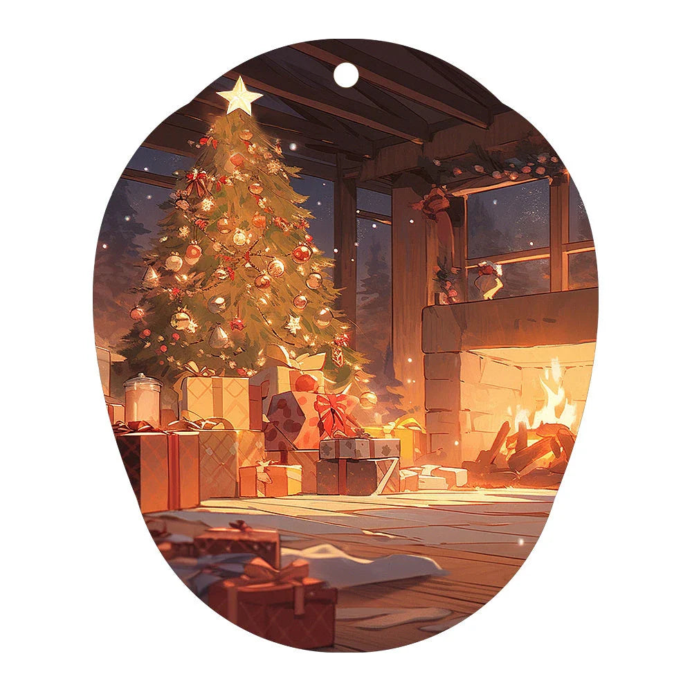 Festive car ornament hanging from rearview mirror with Christmas designs