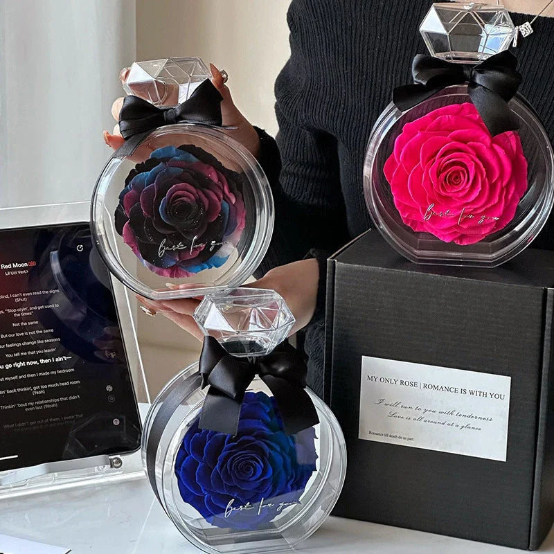 Preserved Rose Flower Ornaments in various colors, including red, pink, plum, and sapphire blue, displayed in a stylish gift box.