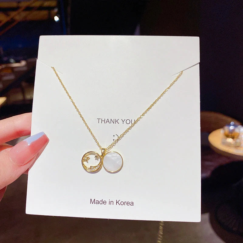 Design Star Moon Mother Shell Pendant Necklace in gold, silver, and copper options