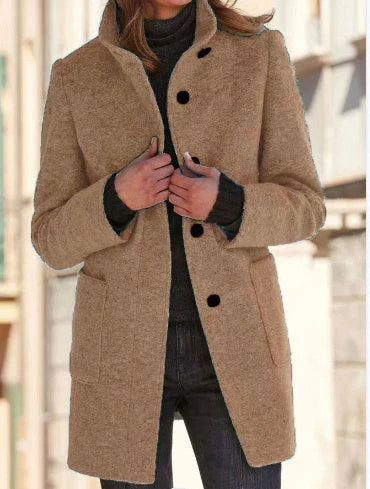 Fashionable wool coat with stand collar and pockets for women's fall/winter outerwear