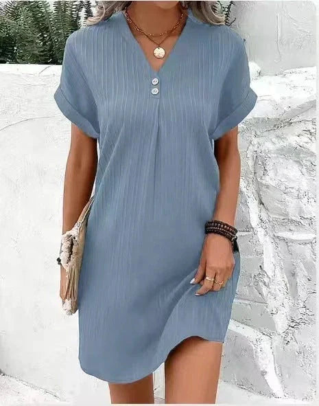 Stylish V-neck short-sleeved women's dress in various colours