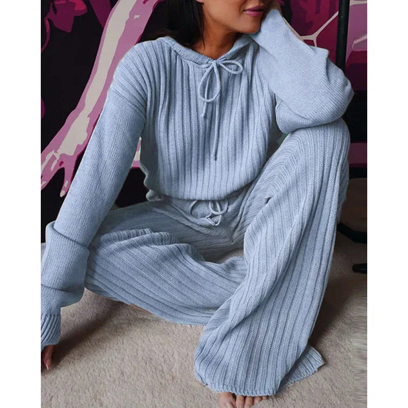 Cozy hooded two-piece loungewear set with soft, stretchy fabric and relaxed silhouette