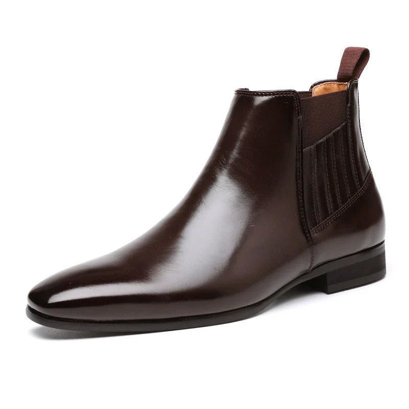 Stylish pointed toe Chelsea boots for men in black and brown colors, featuring a square heel and British-inspired design.