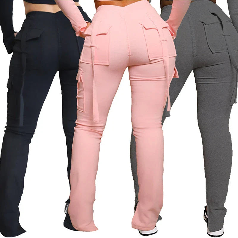 Versatile cargo trousers with pockets, high-waist design, and adjustable drawstring waistband for women