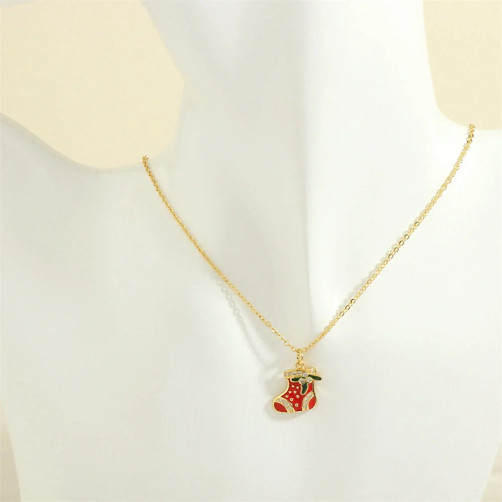 Festive Christmas-themed necklace with oil-drop pendant and coloured rhinestones