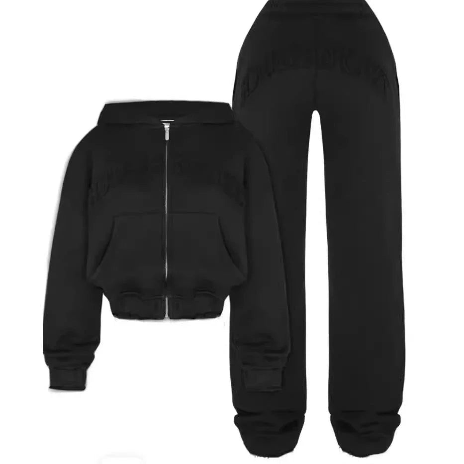 Retro Zip-Up Sports Suit with Cropped Sweatshirt and Drawstring Pants in Black, Green, Wine Red, and Pink