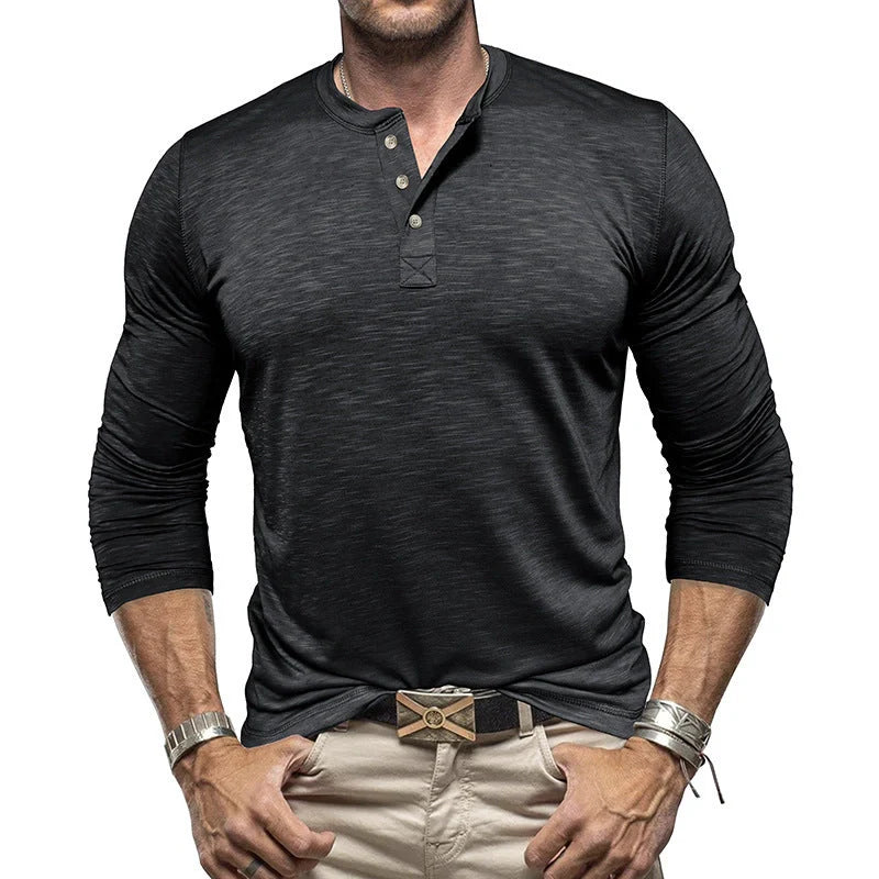 Men's Long-sleeved Henry Collar T-shirt in slub cotton, available in multiple colours
