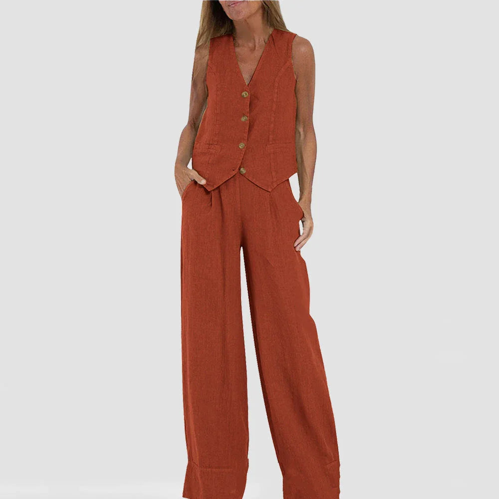 Sleeveless top and straight-leg trousers set in various colors, including apricot, olive green, black, and white.