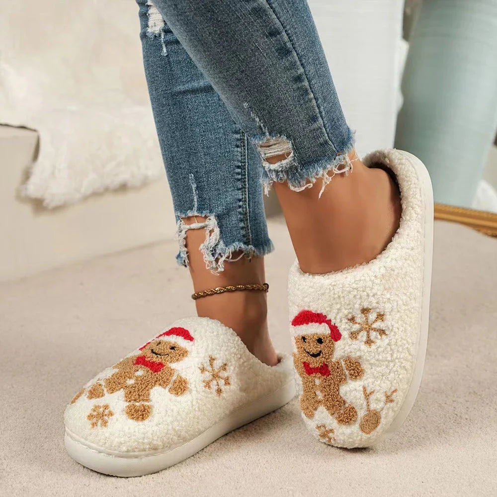 Cozy Christmas snowflake and gingerbread man slippers with plush, non-slip soles for comfortable indoor wear
