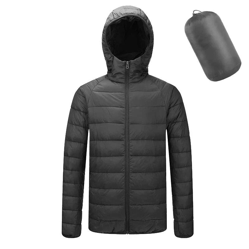 Men's insulated hooded jacket in various colors and styles with adjustable hood and zippered pockets