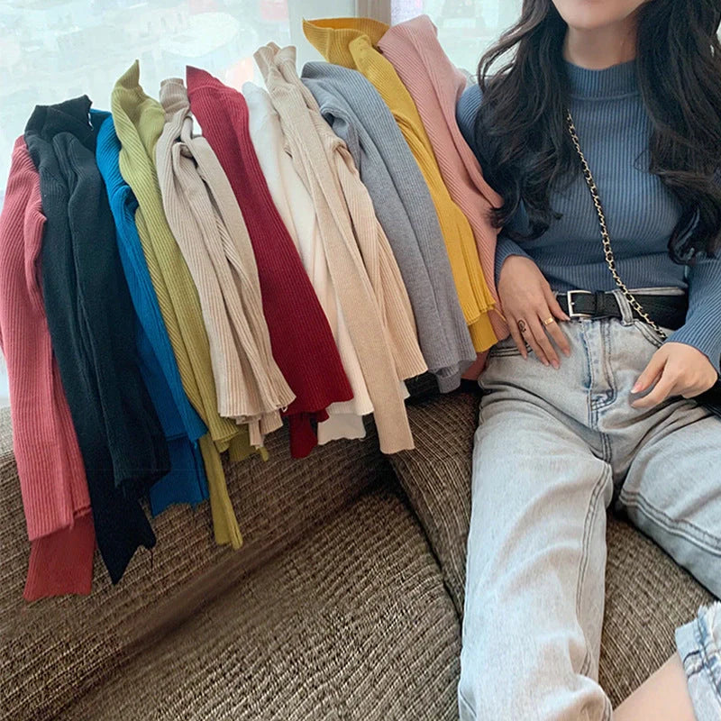 Solid Colour Pit Strip Knit Pullover Turtleneck Sweater in various colours