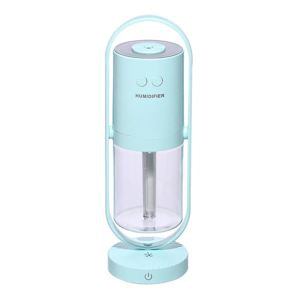 Compact USB Powered Desktop Humidifier with Ambient Lighting, featuring adjustable mist nozzle and romantic starry projection