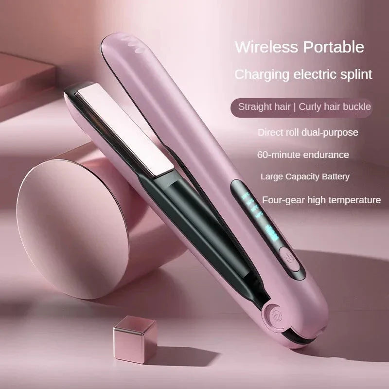 Cordless hair straightener and curler with adjustable temperature and long-lasting battery for on-the-go styling