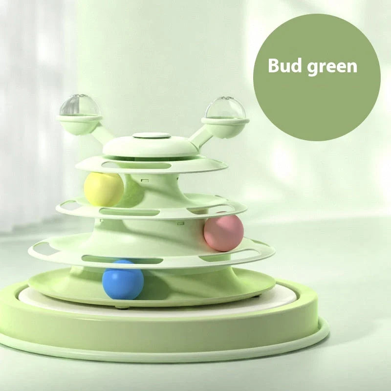Interactive 4-level cat toy tower with turntable and roller balls in vibrant colours