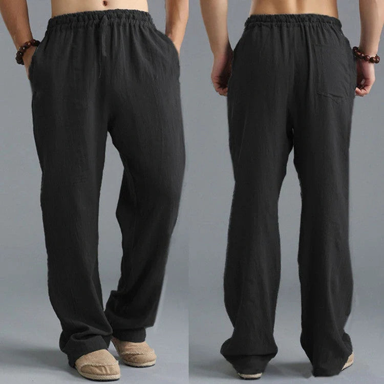 Men's breathable linen loose-fit sports pants in khaki, black, light blue, and off-white
