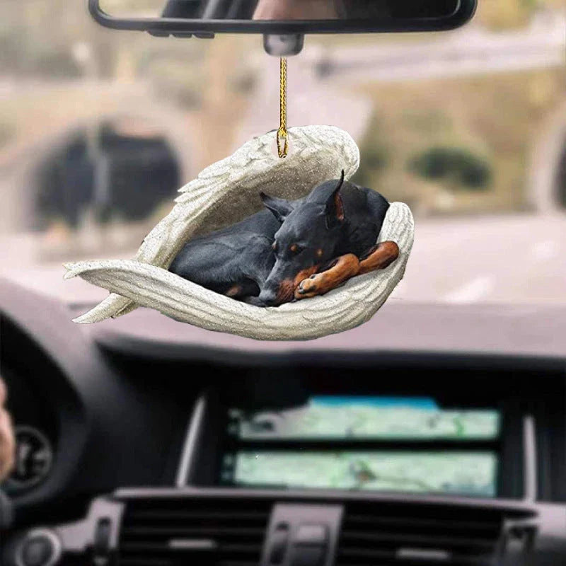 Charming sleeping dog angel acrylic car pendant decoration with a whimsical design
