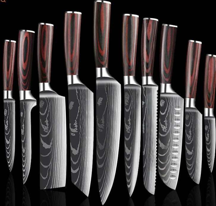 Premium 8-Piece Damascus Steel Kitchen Knife Set with Razor-Sharp Blades and Ergonomic Wooden Handles