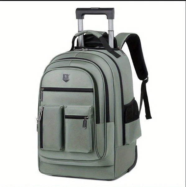 Durable, waterproof trolley backpack with single-directional wheel for smooth mobility and ample storage space for British travellers