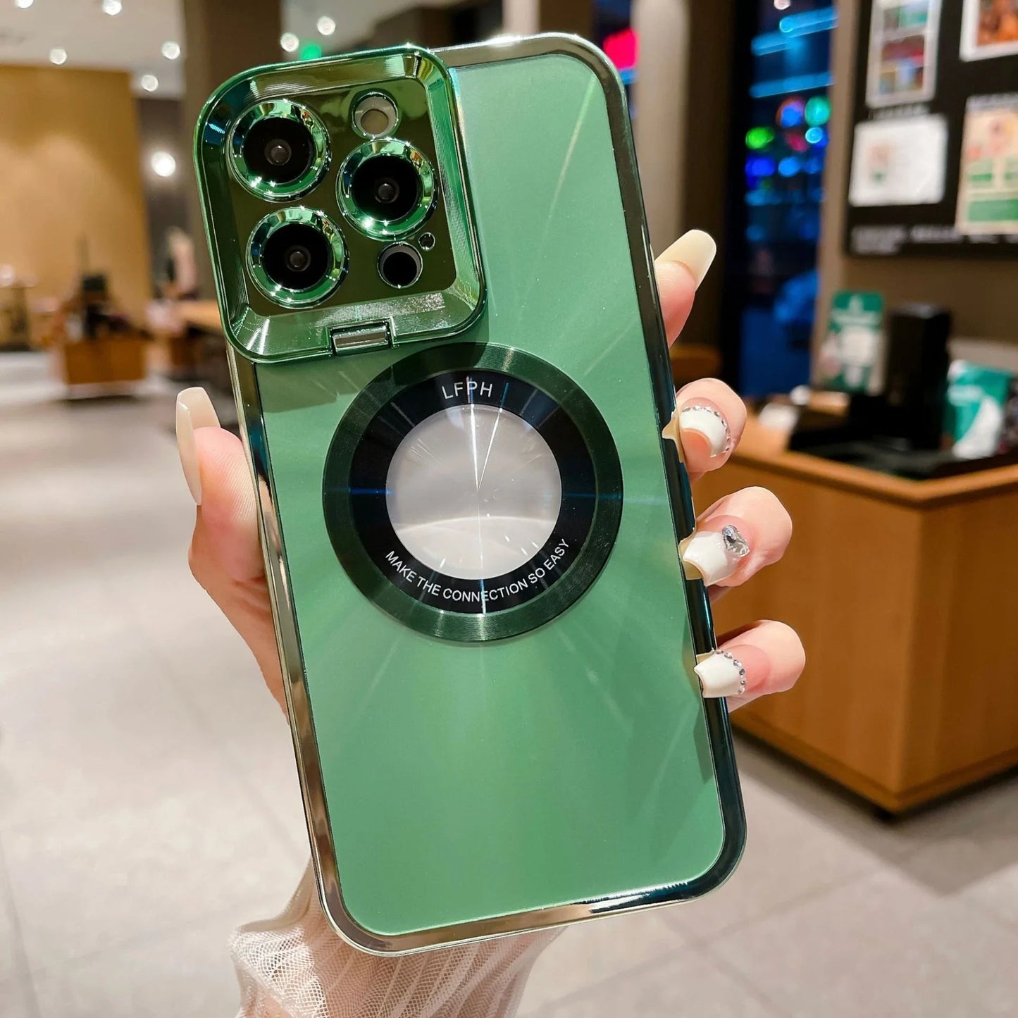 Sleek and stylish Magsafe phone case with invisible camera stand and CD pattern design
