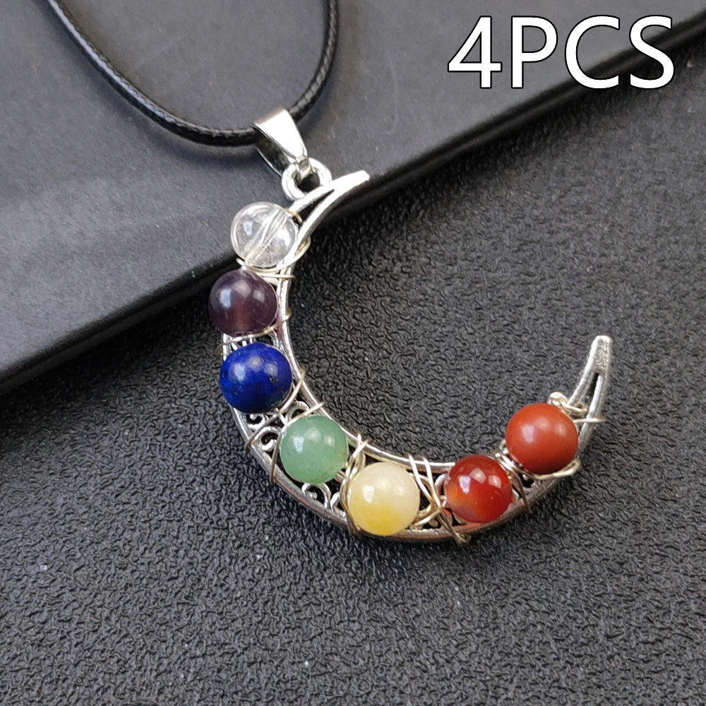 Seven Chakras Crystal Moon Pentagram Necklace in bohemian style