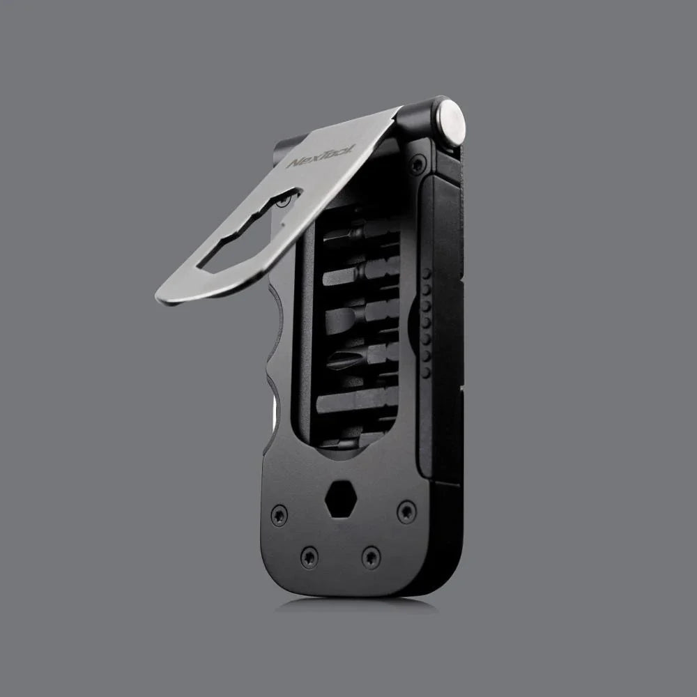 Premium multi-function bicycle repair tool set made of durable stainless steel with clamshell design and magnetic screwdriver sleeve