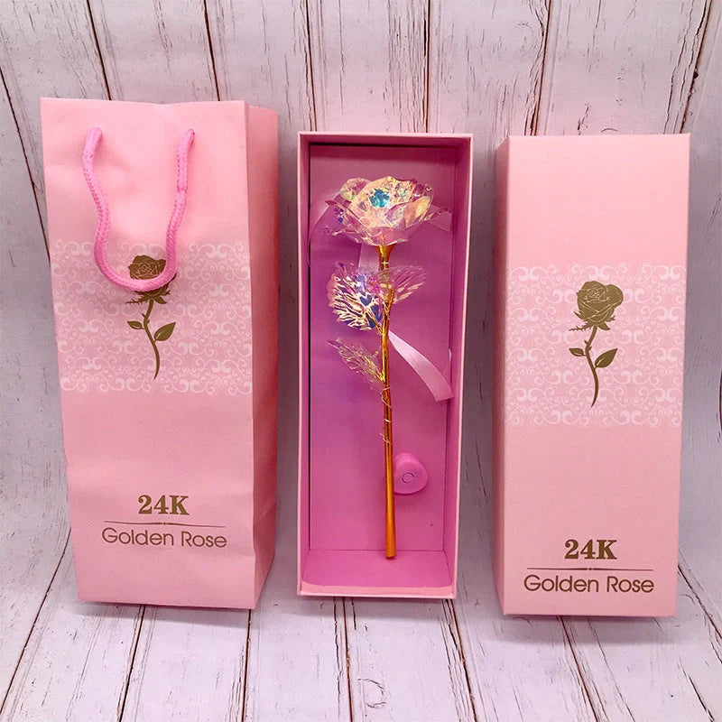 A luxurious 24K gold-plated rose flower bouquet set with a gift box and tote bag