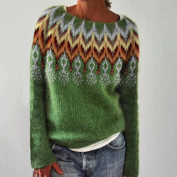 A stylish loose-fit knit jumper with a variety of colourful patterns and designs