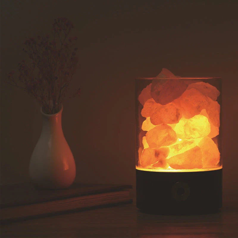 Himalayan salt lamp with warm, amber glow and adjustable lighting settings