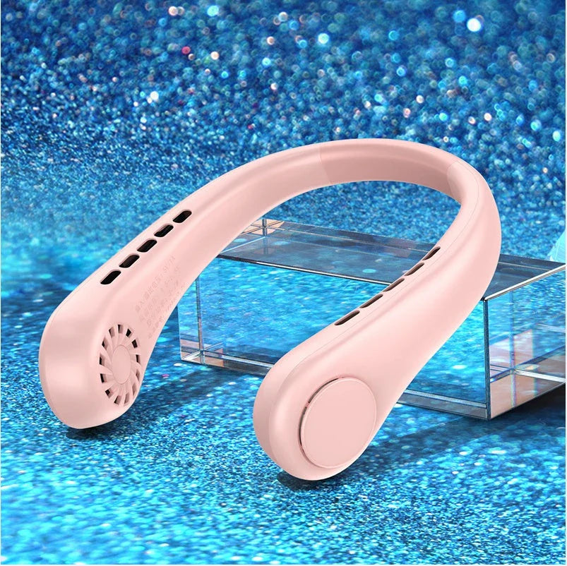 Portable bladeless neck fan with rechargeable air cooler for hands-free cooling in various colors and sizes