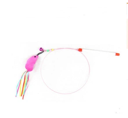 A handcrafted cat toy made from solid wood and natural materials, featuring a feather-on-a-stick design to captivate and engage your feline friend.