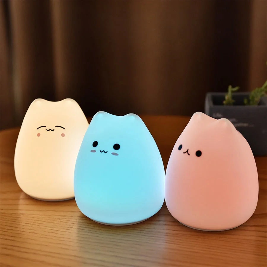 Adorable cat design silicone touch sensor LED night light for children with colour-changing feature