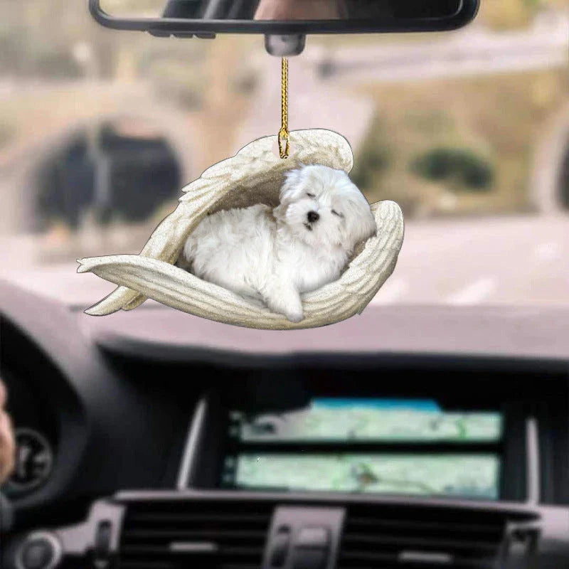 Charming sleeping dog angel acrylic car pendant decoration with a whimsical design