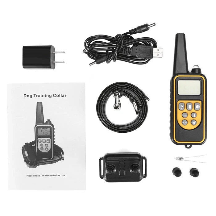 Remote-controlled anti-bark dog training collar with adjustable settings and 800-yard range