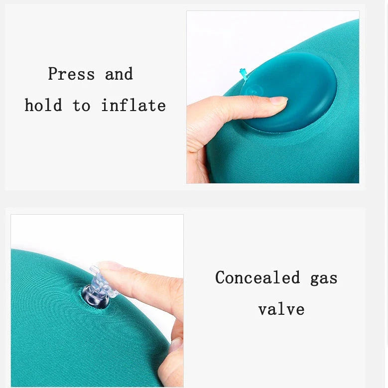 Inflatable travel pillow with U-shaped design for neck and head support, available in multiple colors
