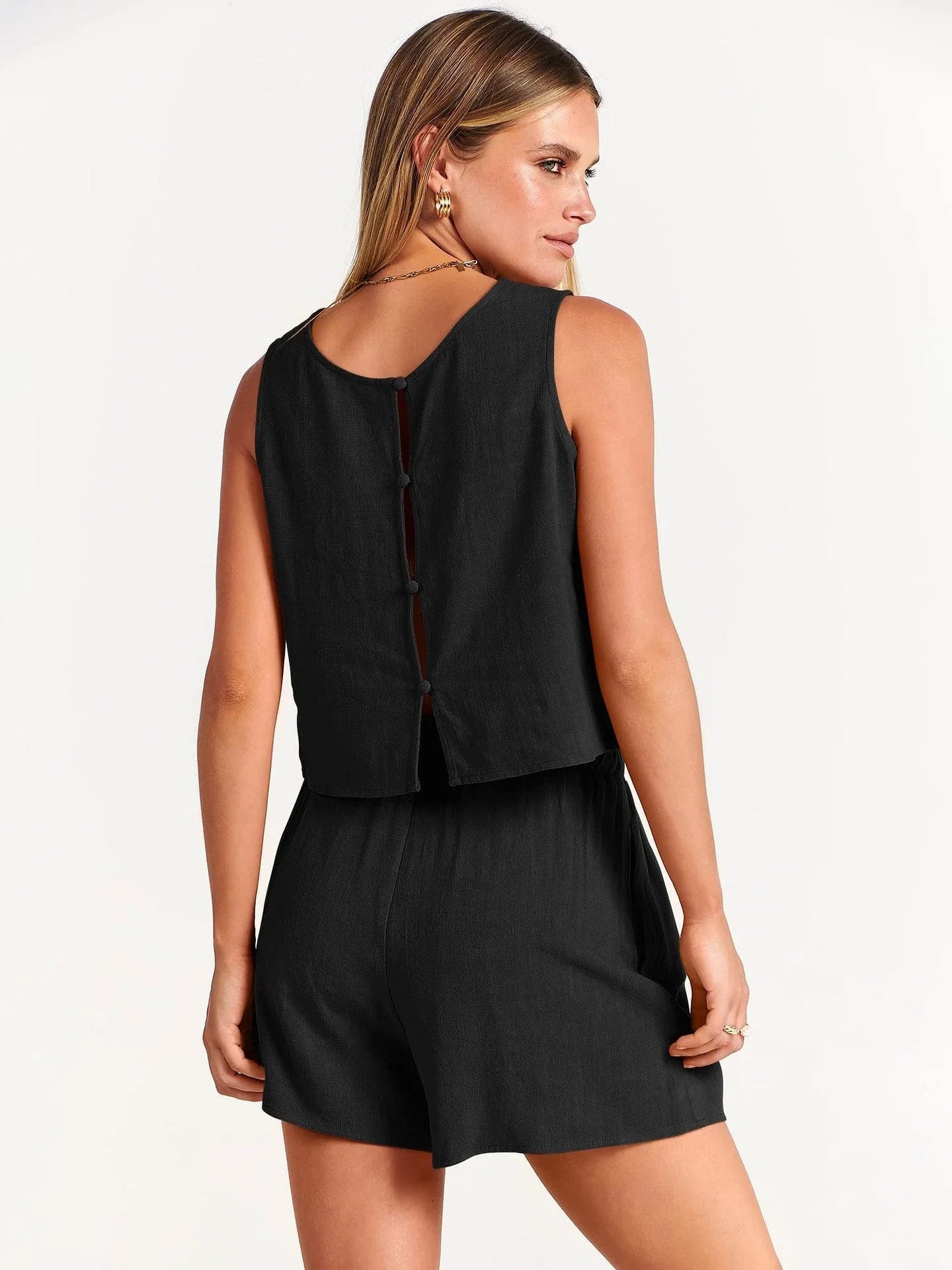 Women's sleeveless top and drawstring shorts set in various colors, made from a lightweight and breathable rayon and linen blend fabric