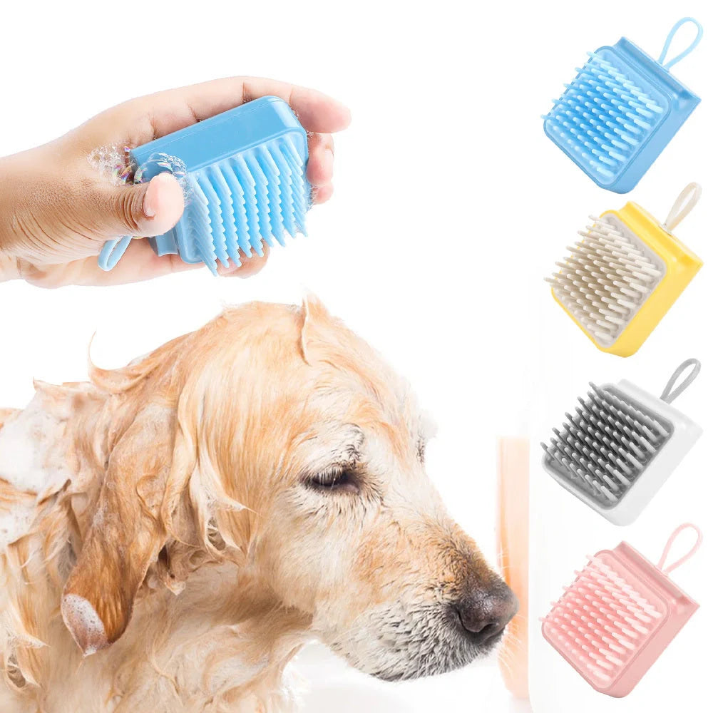 Soft TPR Pet Bath Massage Brush for dogs and cats in white, pink, blue, and yellow