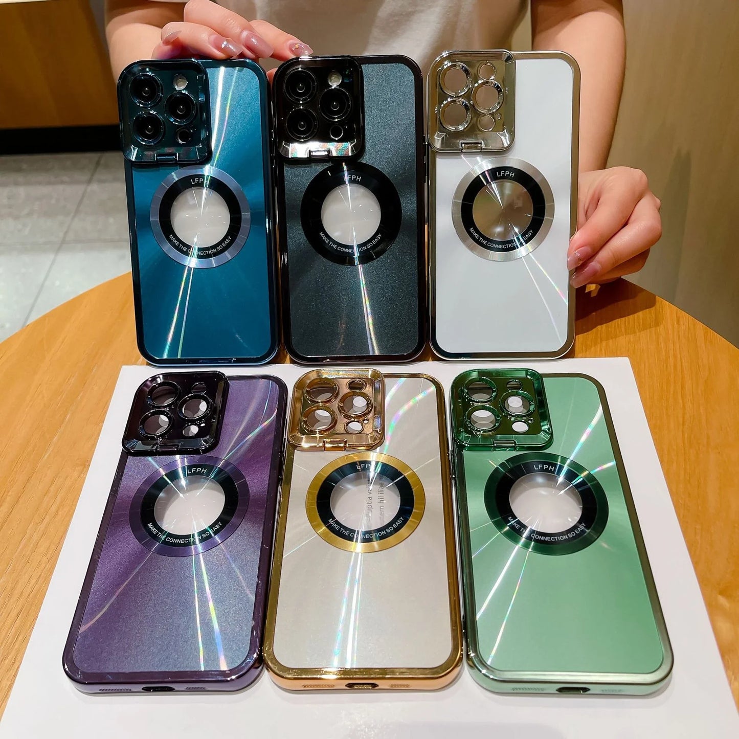 Sleek and stylish Magsafe phone case with invisible camera stand and CD pattern design
