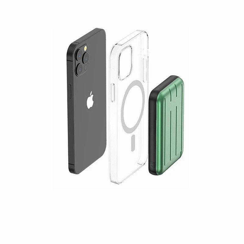 Premium 15W magnetic wireless power bank in three stylish colours: green, blue, and grey