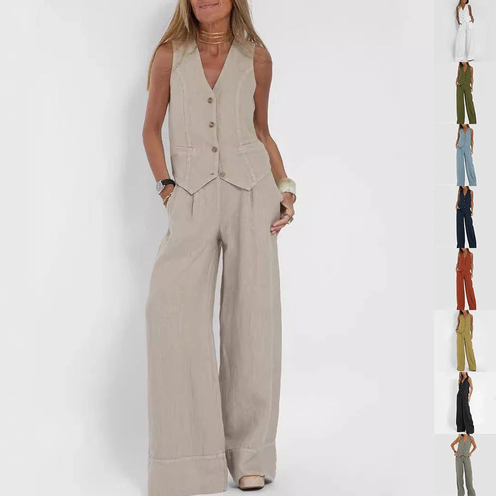 Sleeveless top and straight-leg trousers set in various colors, including apricot, olive green, black, and white.