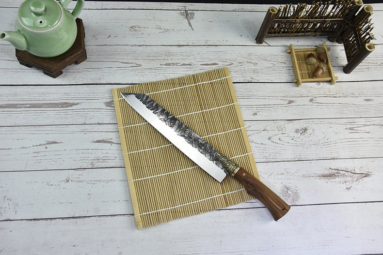 Hand-forged slicing knife with rosewood handle and pure copper guard