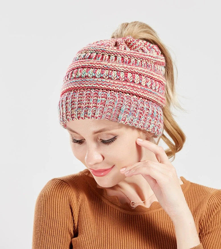 Stylish knitted wool beanie for British ladies with a discreet ponytail hole and a variety of vibrant colour options