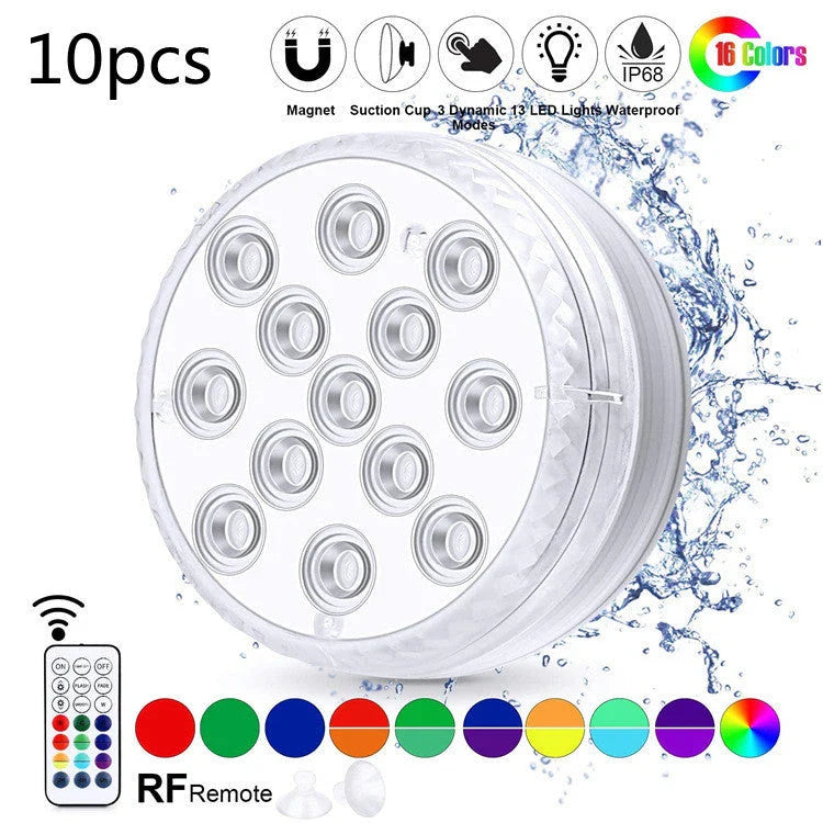 Wireless submersible LED lights with remote control, perfect for pools, spas, and outdoor decor