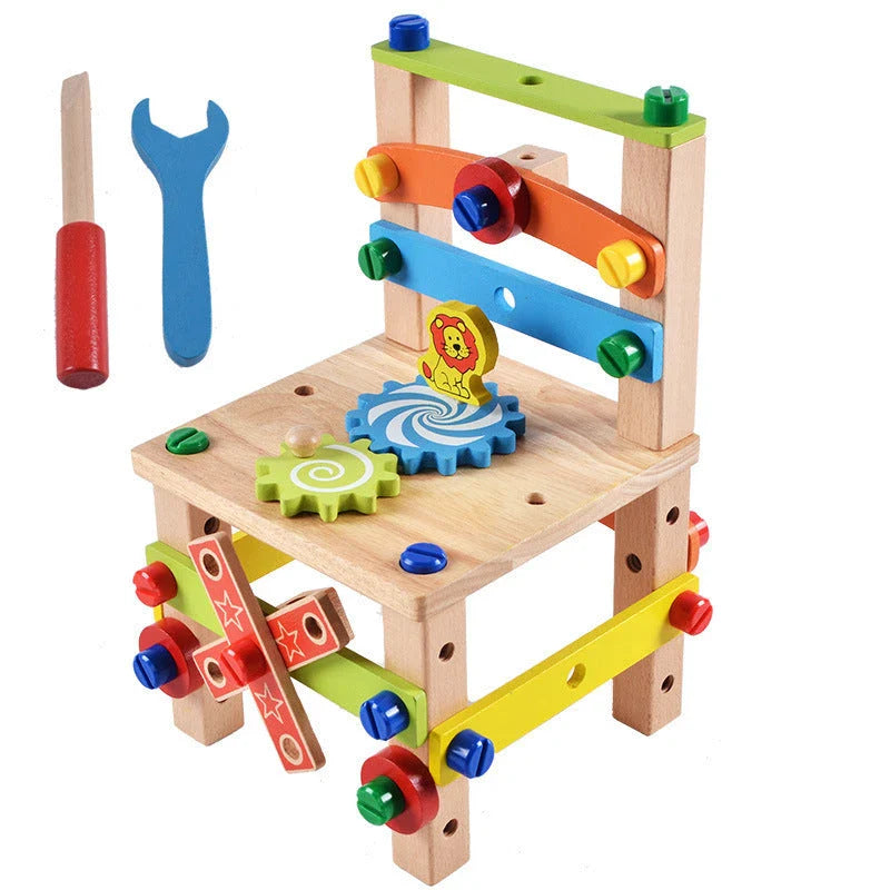 Premium quality wooden building block chair toy for children, featuring smooth surfaces and innovative nut-based assembly system for endless creative possibilities.